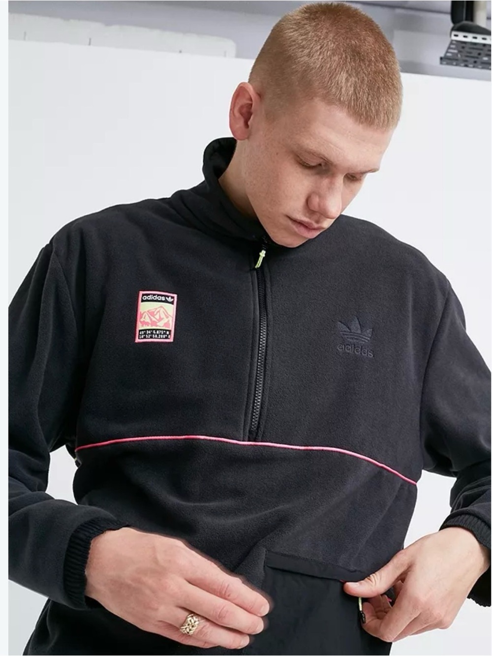adidas Black Fleece Half-Zip Sweater with Pink Piping